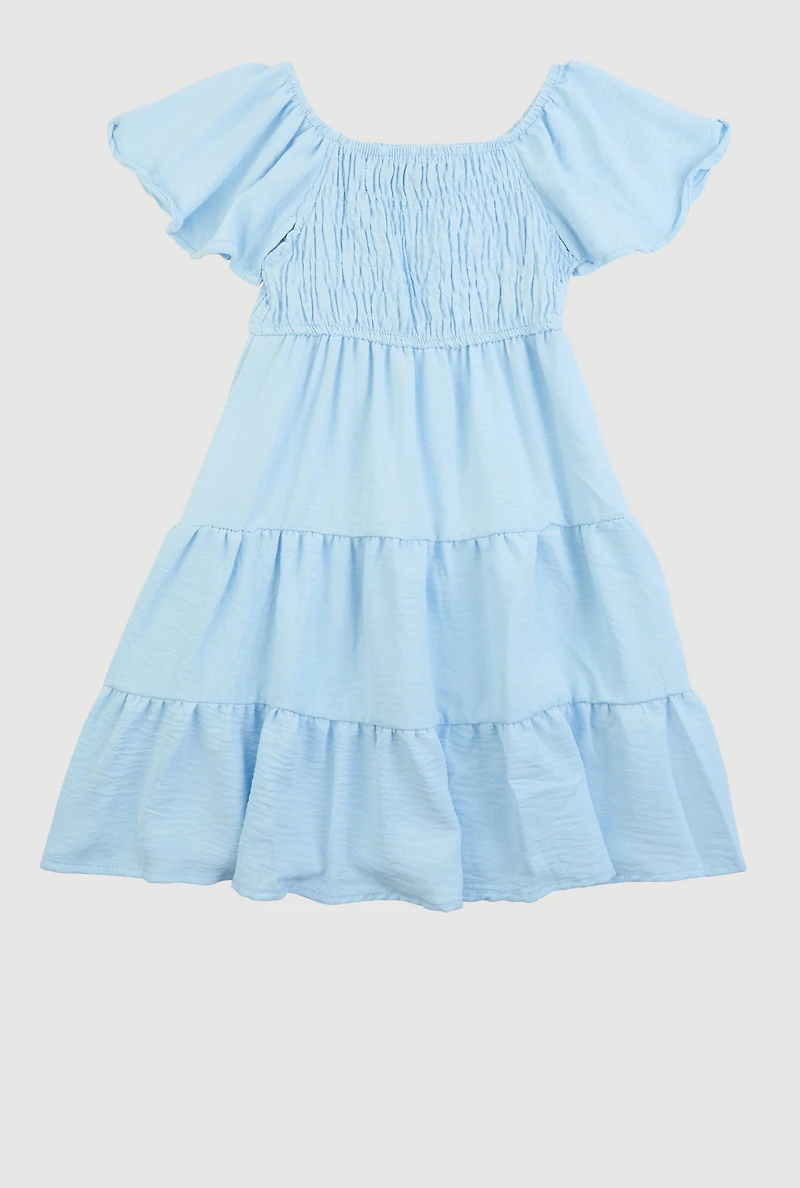 Little Girls Smocked Tiered Peasant Dress, Blue, Size 4