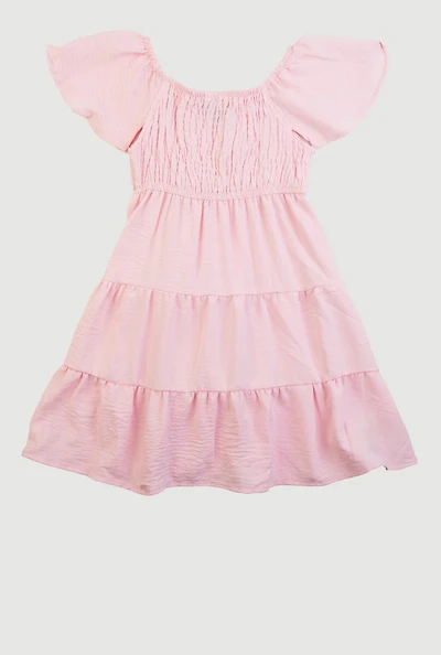 Little Girls Smocked Tiered Peasant Dress, Pink, Size 5-6