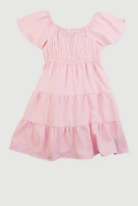 Little Girls Smocked Tiered Peasant Dress, Pink, Size 5-6
