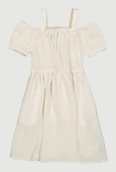 Little Girls Smocked Cold Shoulder Dress, White, Size 6X