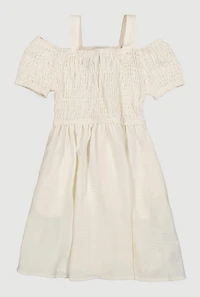 Little Girls Smocked Cold Shoulder Dress, White, Size 6X