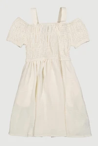 Little Girls Smocked Cold Shoulder Dress, White, Size 6X
