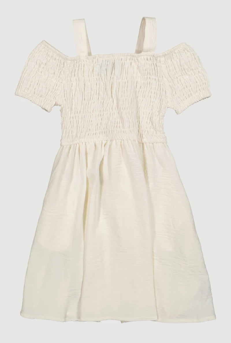 Little Girls Smocked Cold Shoulder Dress, White, Size 5-6