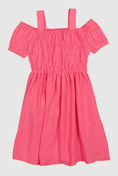 Little Girls Smocked Cold Shoulder Dress, Pink, Size 5-6