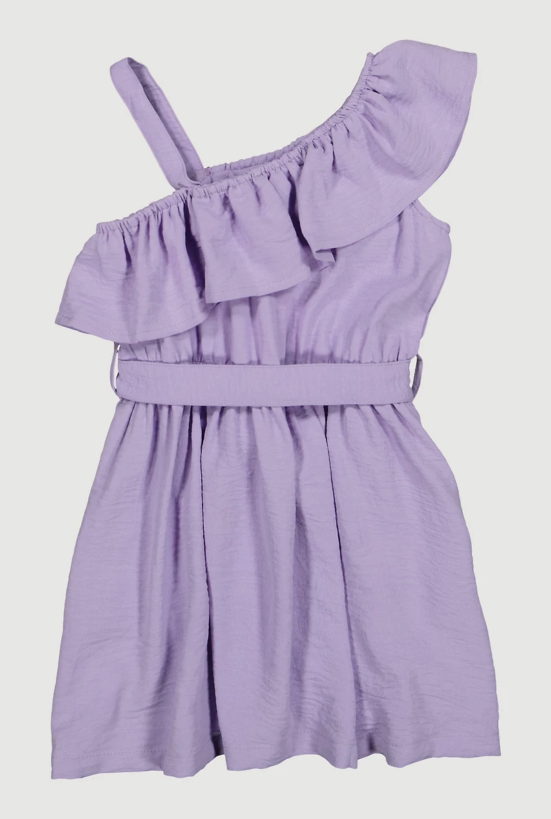 Little Girls One Shoulder Ruffled Dress, Purple, Size 5-6