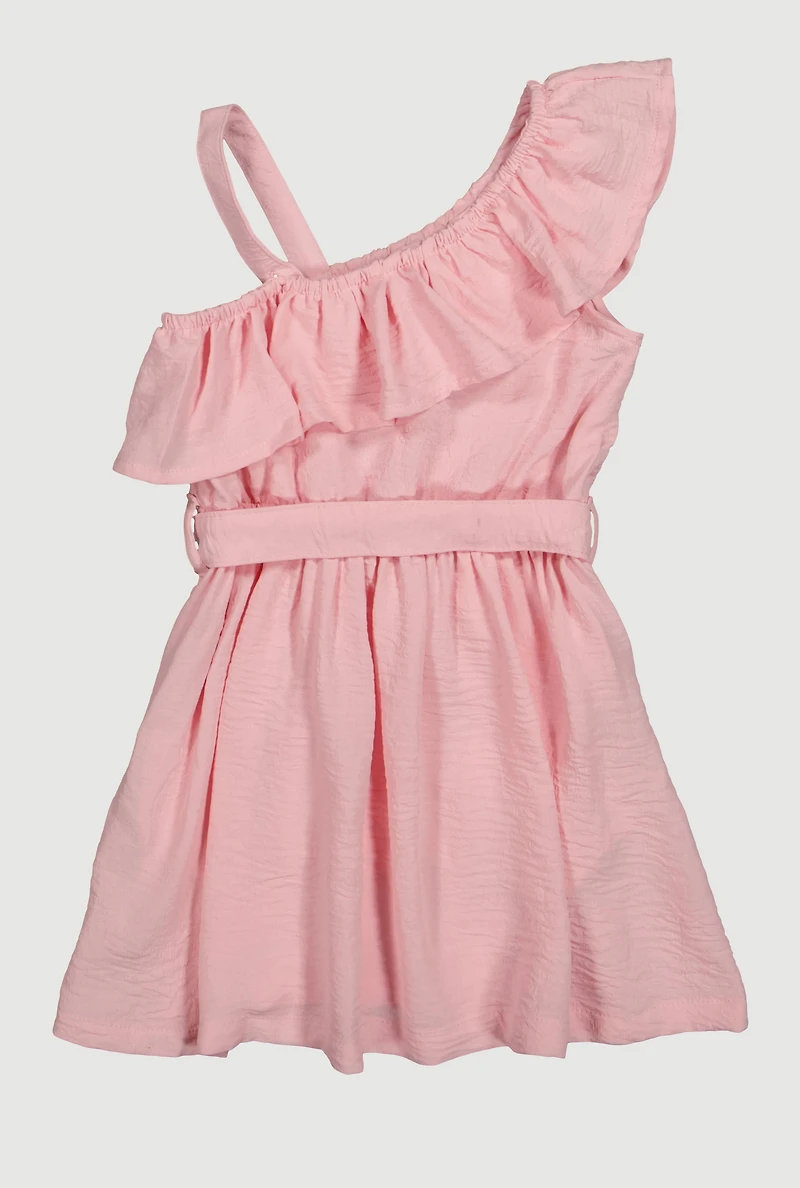 Little Girls One Shoulder Ruffled Dress, Pink, Size 4