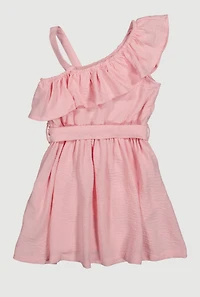 Little Girls One Shoulder Ruffled Dress, Pink, Size 4