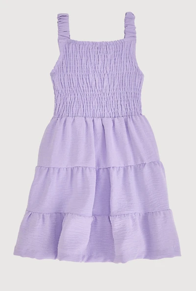 Little Girls Sleeveless Smocked Tiered Dress, Purple, Size 5-6