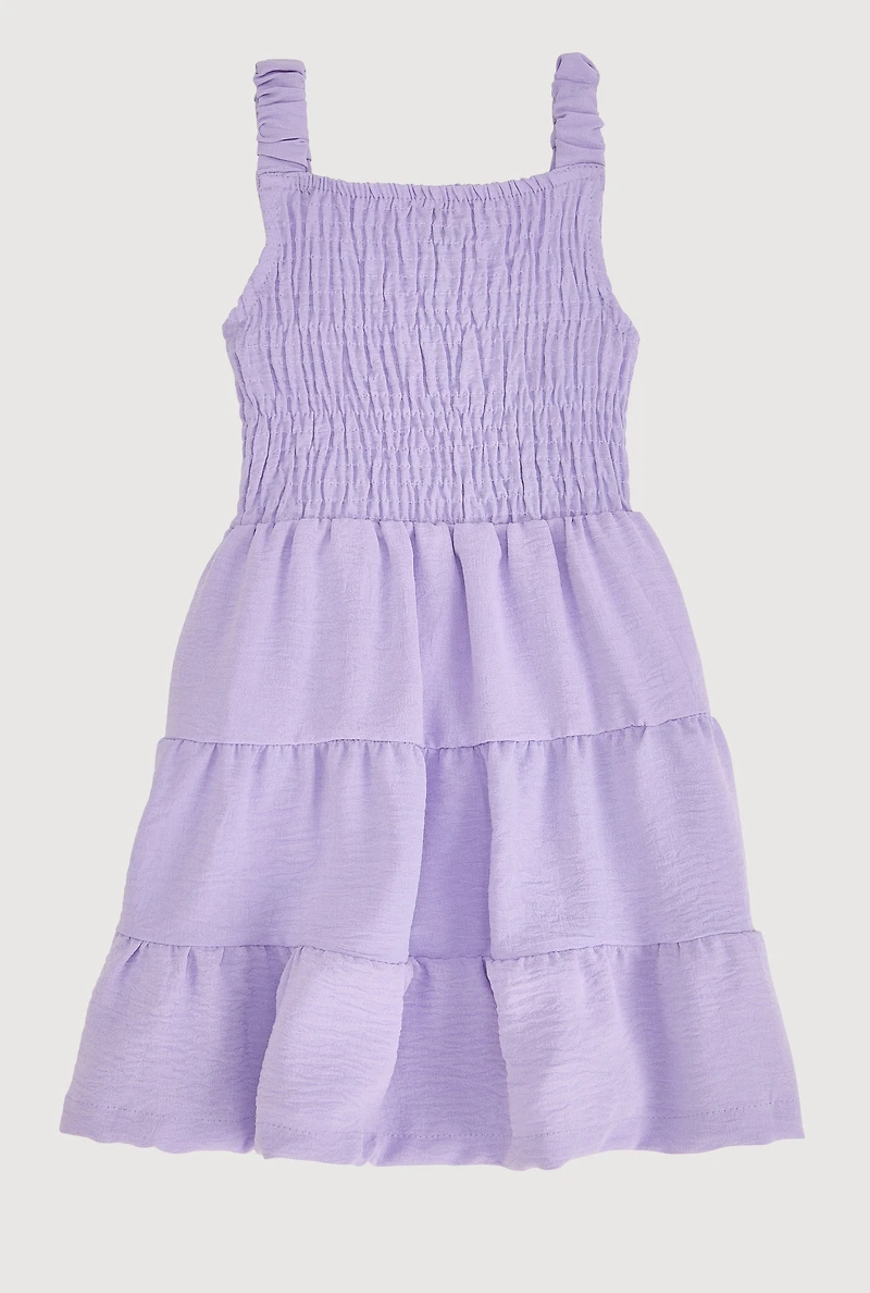 Little Girls Sleeveless Smocked Tiered Dress, Purple, Size 5-6