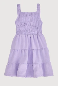 Little Girls Sleeveless Smocked Tiered Dress, Purple, Size 5-6