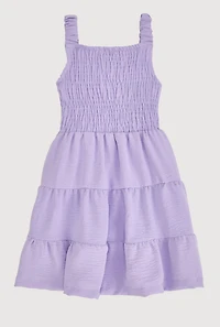 Little Girls Sleeveless Smocked Tiered Dress, Purple, Size 5-6