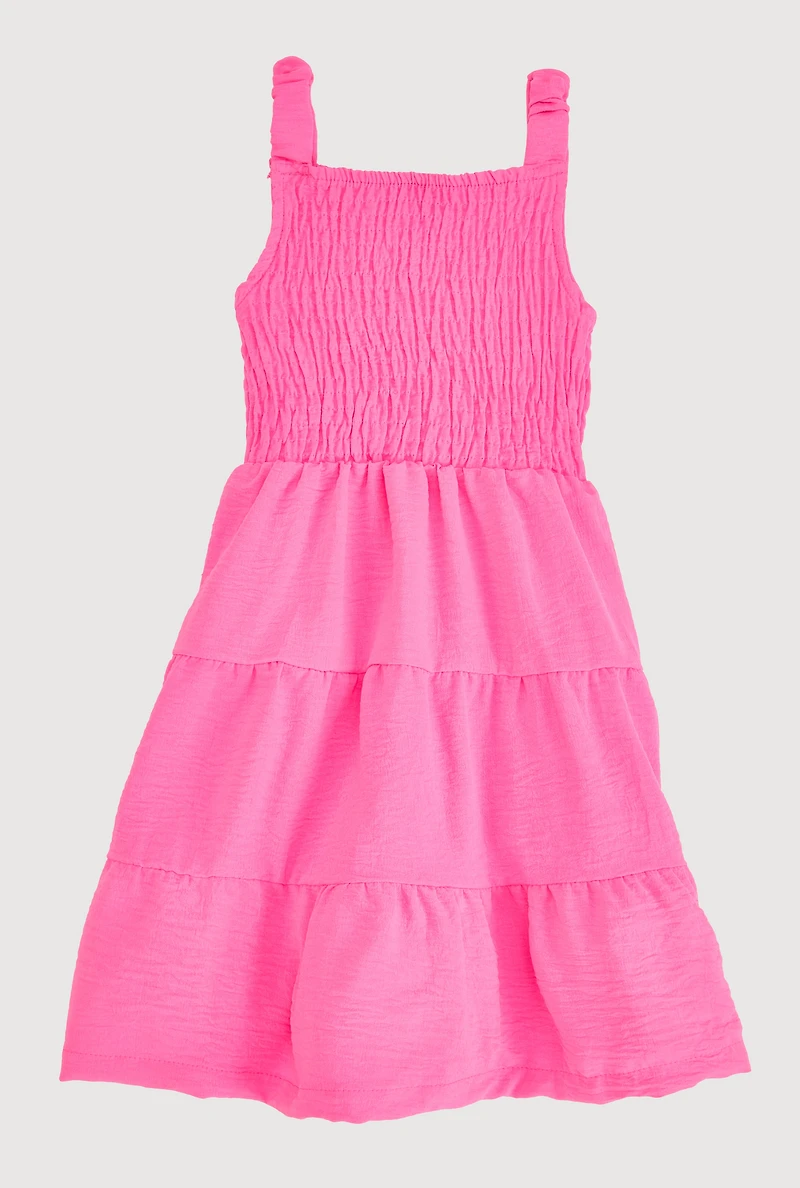Little Girls Sleeveless Smocked Tiered Dress, Pink, Size 4