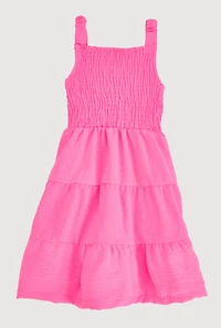 Little Girls Sleeveless Smocked Tiered Dress, Pink, Size 4