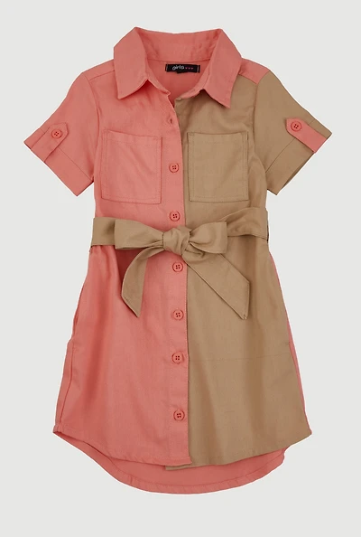 Little Girls Twill Color Blocked Shirt Dress, Orange,