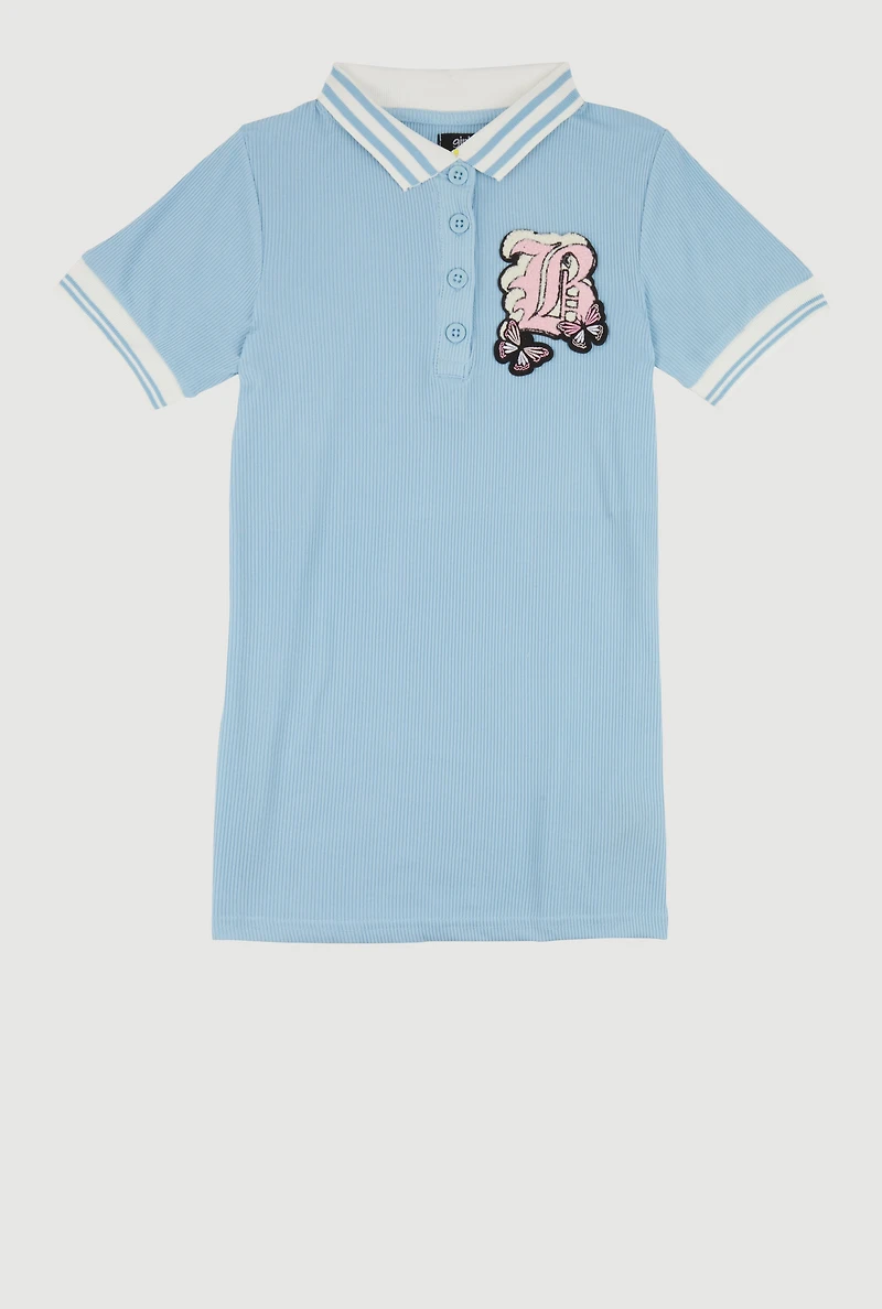 Little Girls Chenille B Initial Patch Ribbed Knit Dress