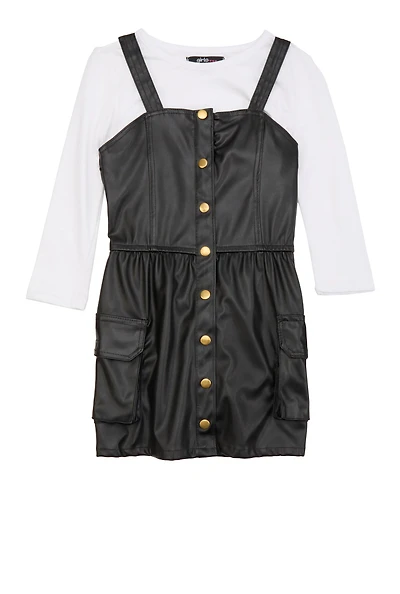 Little Girls Faux Leather Button Front Dress with Tee, Black, Size 4