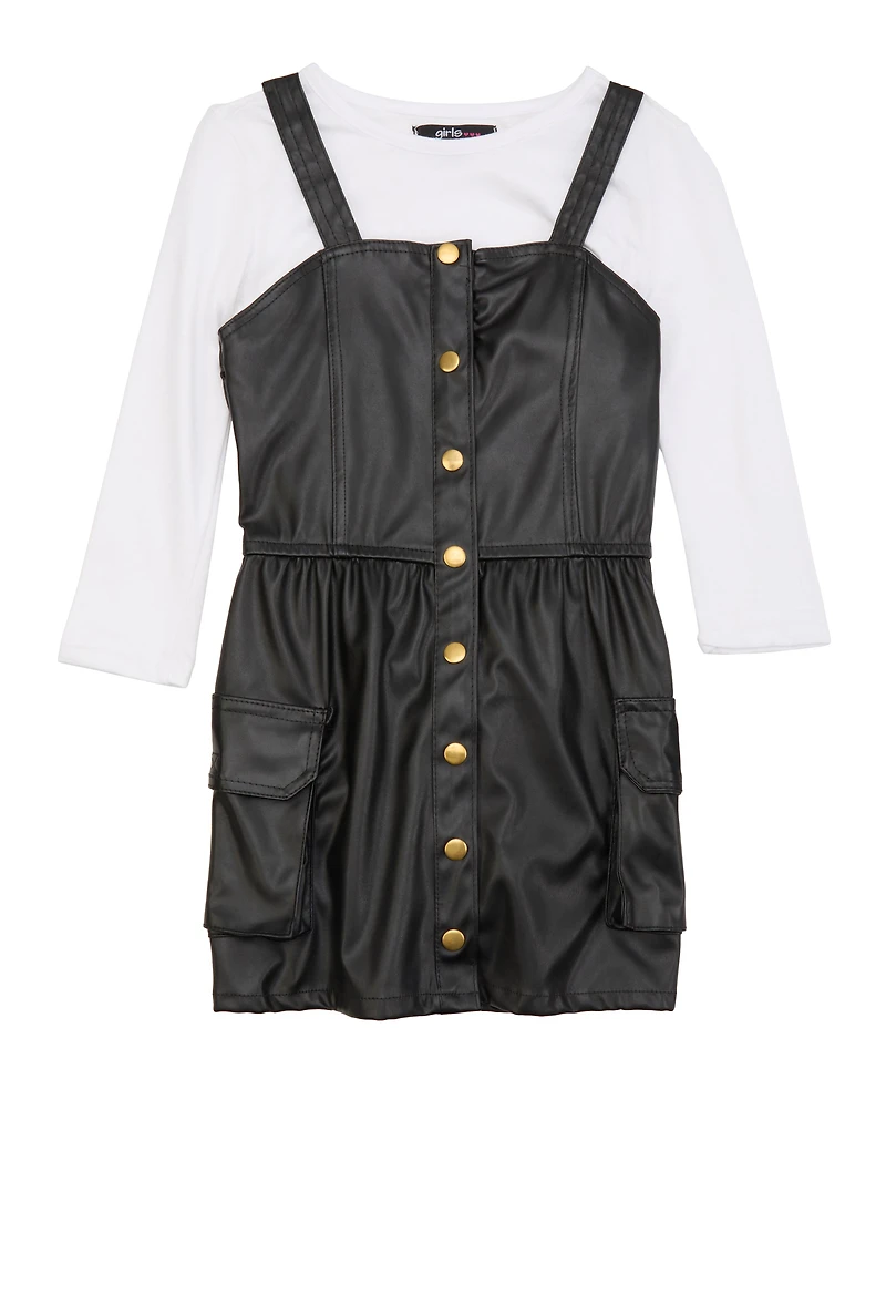 Little Girls Faux Leather Button Front Dress with Tee, Black, Size 4