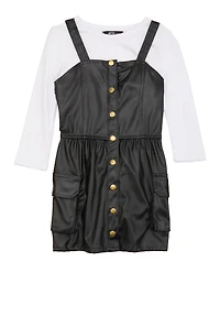 Little Girls Faux Leather Button Front Dress with Tee, Black, Size 4