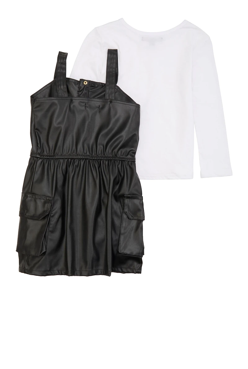 Little Girls Faux Leather Button Front Dress with Tee, Black, Size 4