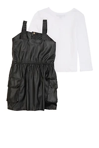 Little Girls Faux Leather Button Front Dress with Tee, Black, Size 4