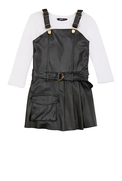 Little Girls Faux Leather Overall Dress with Tee, Black, Size 4