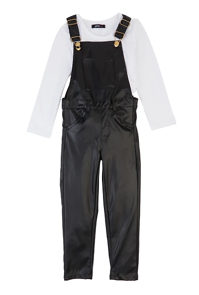 Little Girls Faux Leather Overalls with Long Sleeve Top