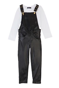 Little Girls Faux Leather Overalls with Long Sleeve Top