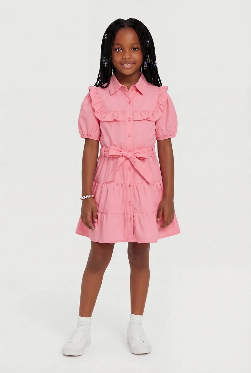 Little Girls Tiered Dress with Tie Waist Belt and Bracelet