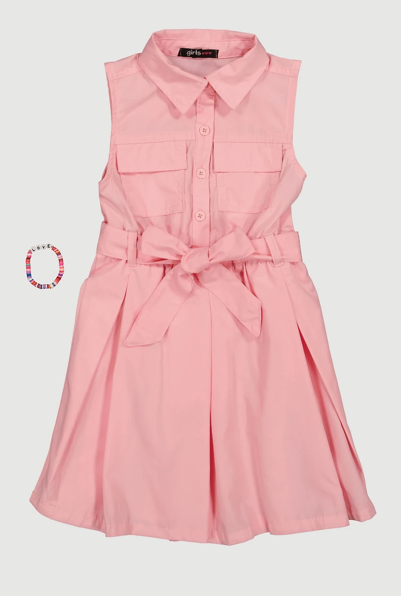 Little Girls Shirt Dress with Tie Waist Belt and Bracelet