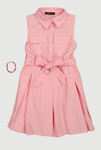 Little Girls Shirt Dress with Tie Waist Belt and Bracelet