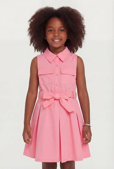 Little Girls Shirt Dress with Tie Waist Belt and Bracelet