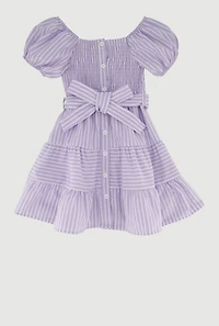 Little Girls Striped Smocked Dress with Tie Waist Belt