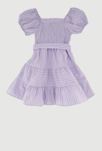 Little Girls Striped Smocked Dress with Tie Waist Belt