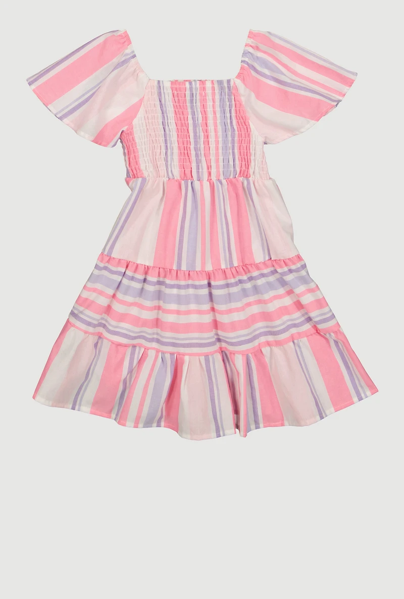 Little Girls Striped Flutter Sleeve Ruffle Tiered Dress