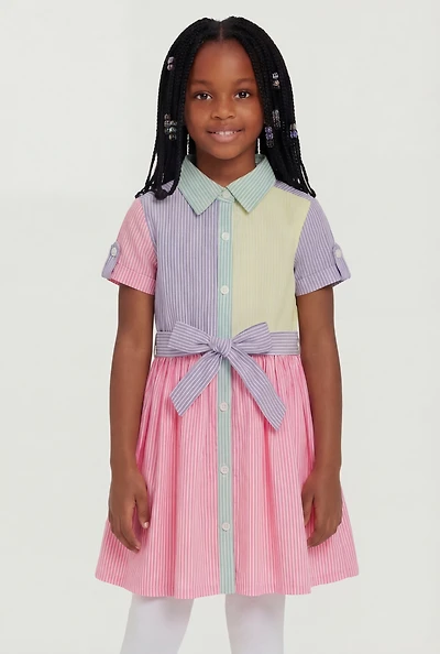 Little Girls Striped Color Block Dress with Tie Waist Belt