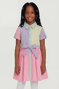 Little Girls Striped Color Block Dress with Tie Waist Belt