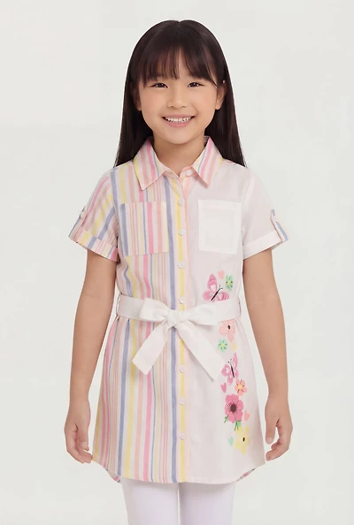Little Girls Floral Striped Color Blocked Shirt Dress