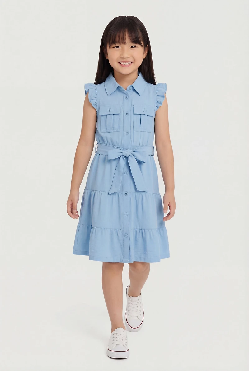 Little Girls Tiered Shirt Dress with Tie Waist Belt