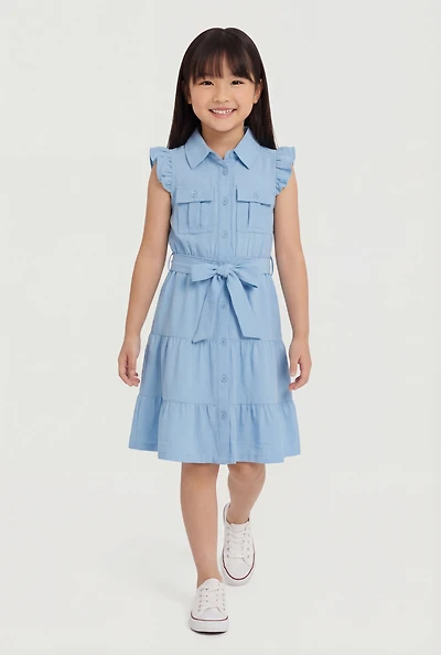 Little Girls Tiered Shirt Dress with Tie Waist Belt