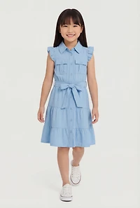 Little Girls Tiered Shirt Dress with Tie Waist Belt