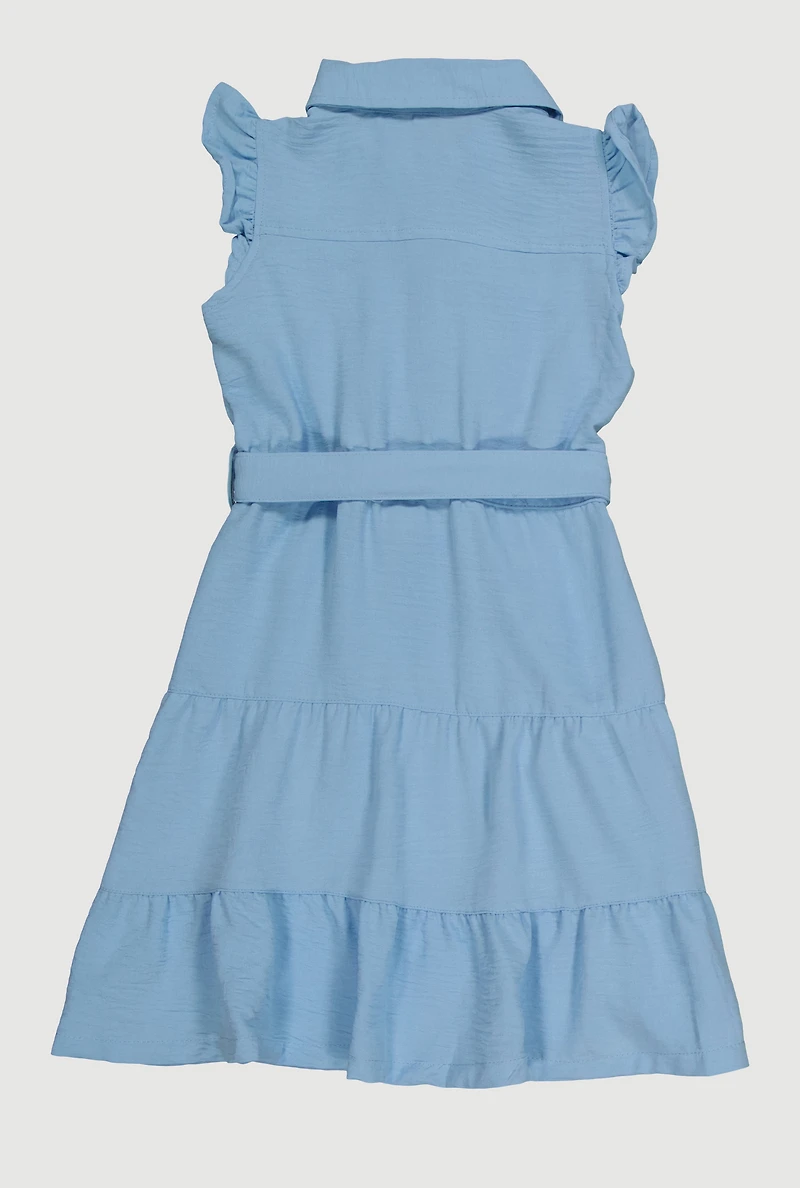 Little Girls Tiered Shirt Dress with Tie Waist Belt