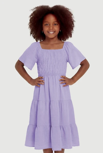 Little Girls Airy Crepe Knit Tiered Smocked Dress