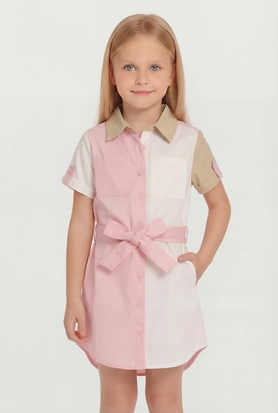 Little Girls Color Block Shirt Dress with Tie Waist Belt