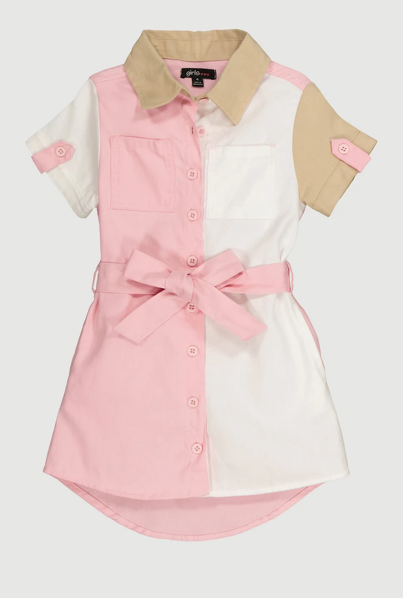 Little Girls Color Block Shirt Dress with Tie Waist Belt