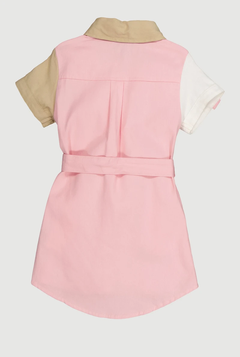 Little Girls Color Block Shirt Dress with Tie Waist Belt