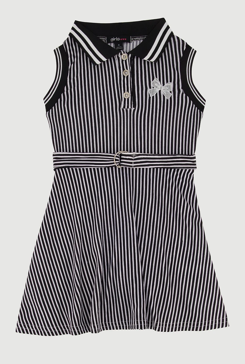 Little Girls Bow Graphic Detail Striped Sleeveless Belted Dress