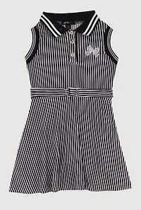 Little Girls Bow Graphic Detail Striped Sleeveless Belted Dress