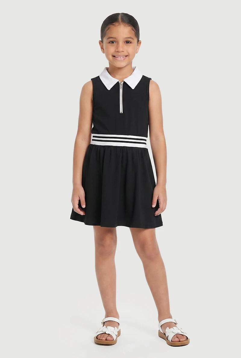 Little Girls Varsity Stripe Zip Front Polo Dress with Shorts Lining