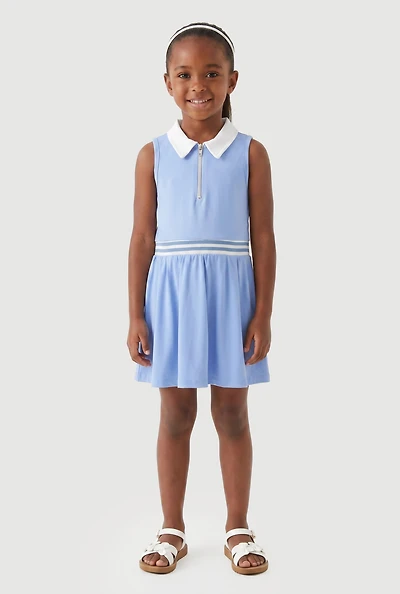 Little Girls Varsity Stripe Zip Front Polo Dress with Shorts Lining