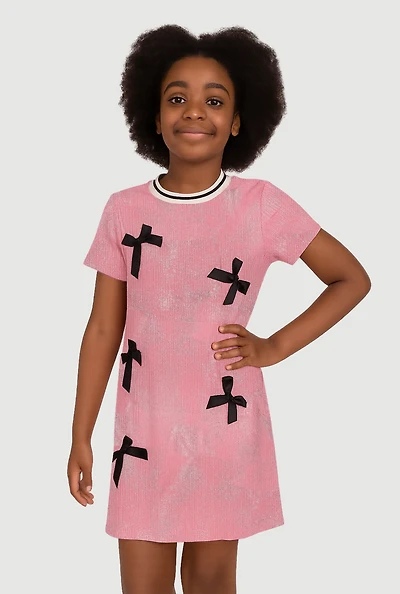 Girls Bow Detail Foil Screen Dress, Pink, Size 10-12